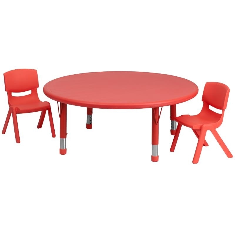 45'' Round Red Plastic Height Adjustable Activity Table Set With 2 Chairs
