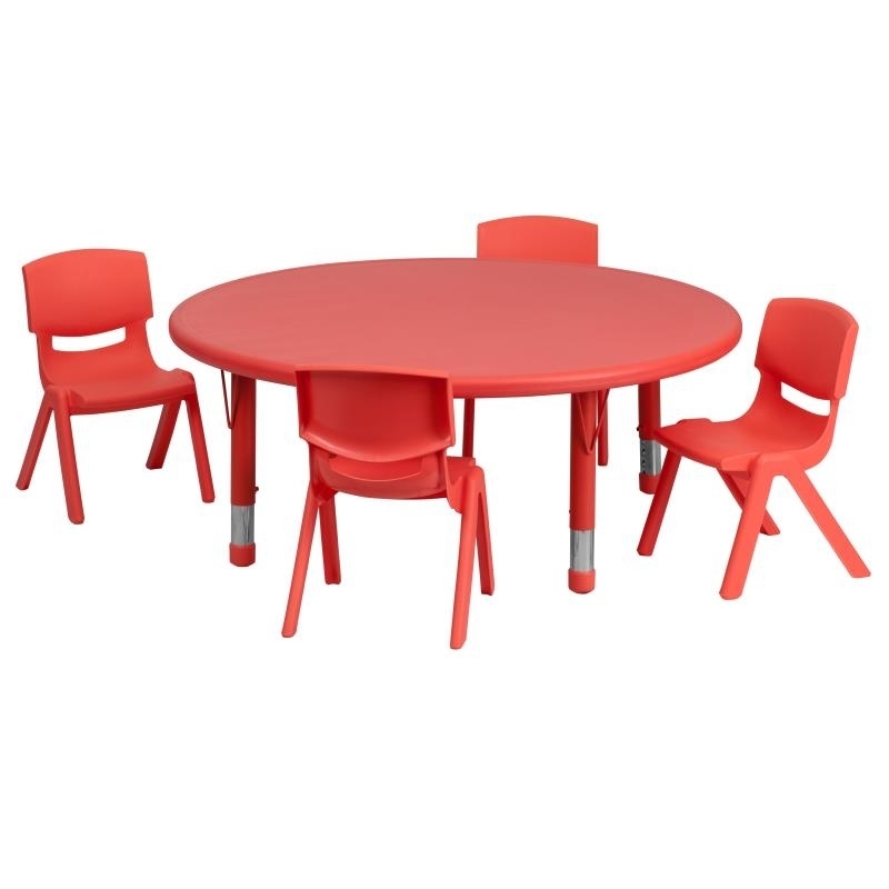 45'' Round Red Plastic Height Adjustable Activity Table Set With 4 Chairs