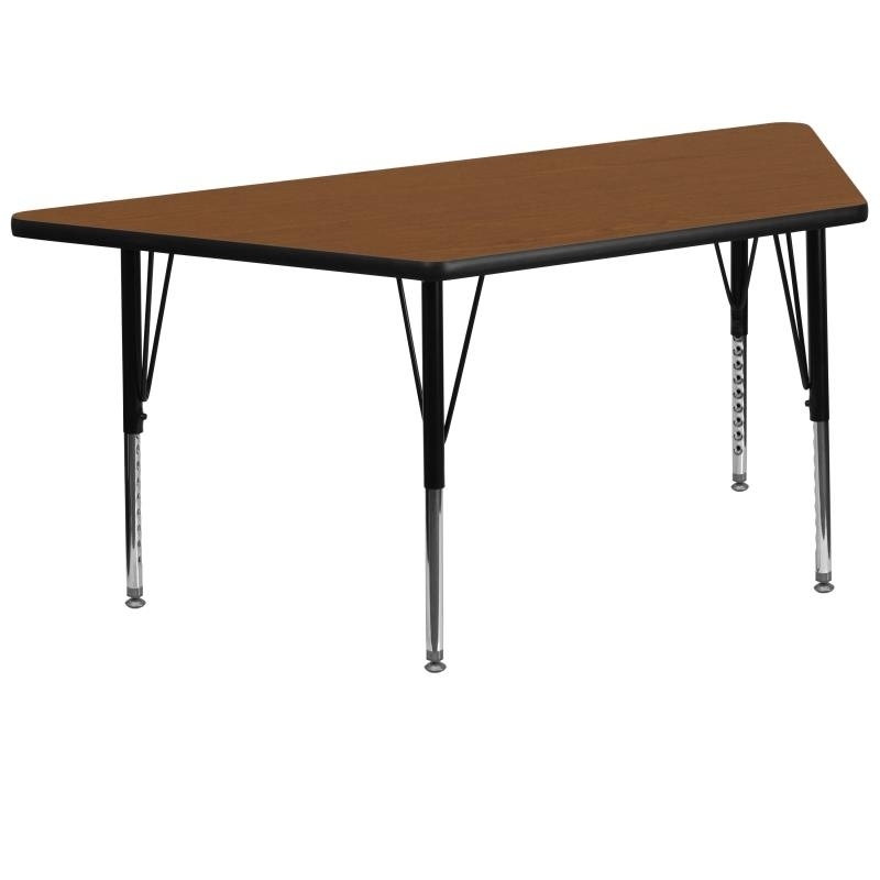 29''W X 57''L Trapezoid Oak HP Laminate Activity Table - Height Adjustable Short Legs