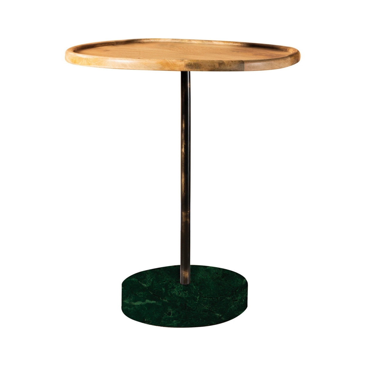 26 Inch Modern Accent Table, Round Tray Top, Dark Green Marble Base, Brown