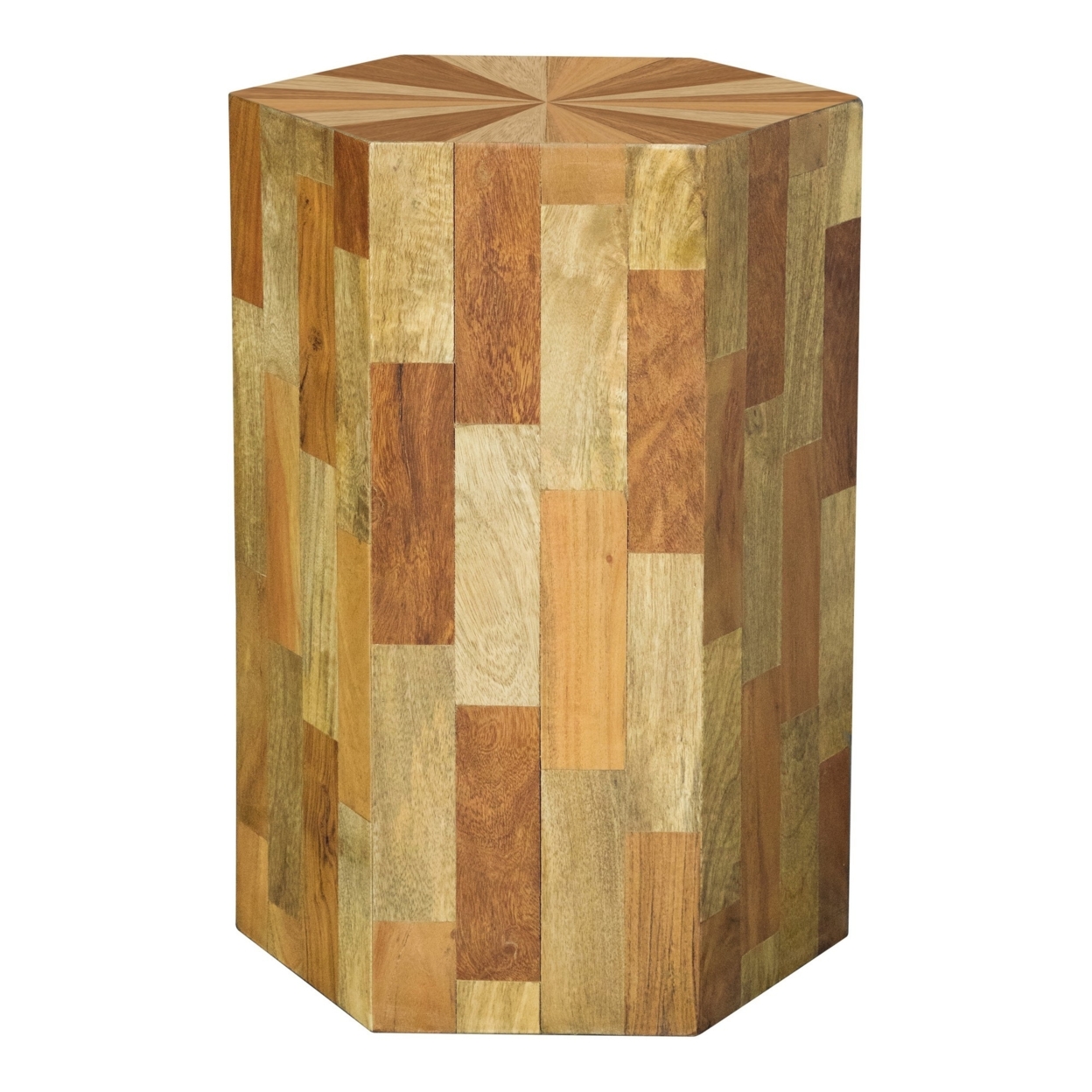 22 Inch Modern End Accent Table, Sunburst Top, Hexagon, Wood, Brown