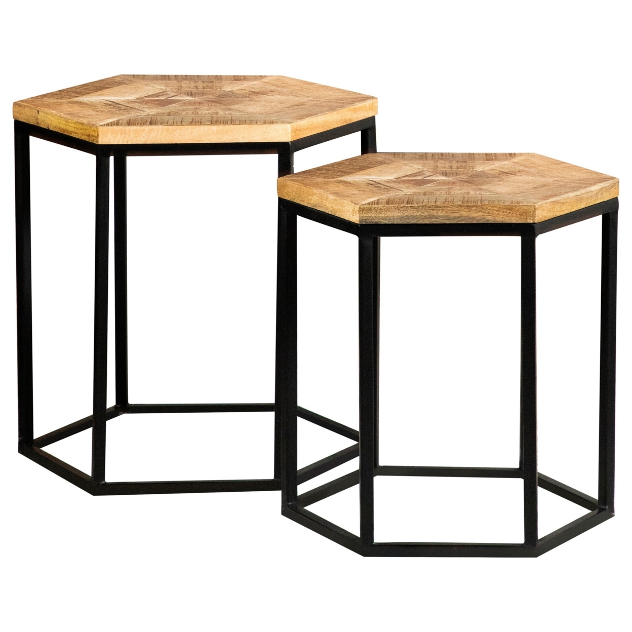 23, 21 Inch Modern 2 Piece Nesting End Table, Hexagon Top, Brown, Black
