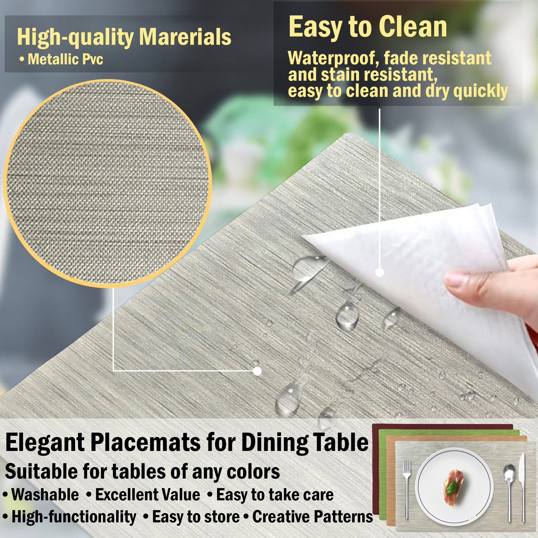 4-Pack: Slip Resistant Washable Metallic Rectangular PVC Place Mats For Dining Table - Platinum