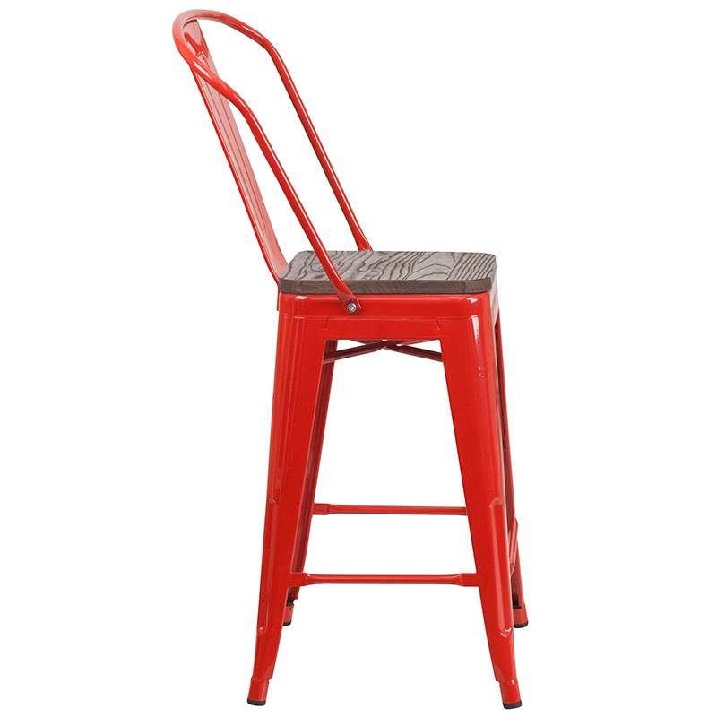 24 High Red Metal Counter Height Stool With Back And Wood Seat