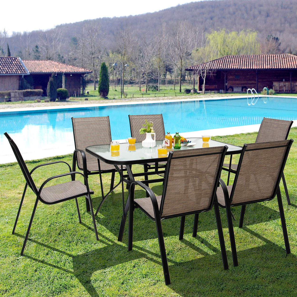 7PCS Patio Dining Furniture Set W/ 6 Stackable Armchairs & Umbrella Hole