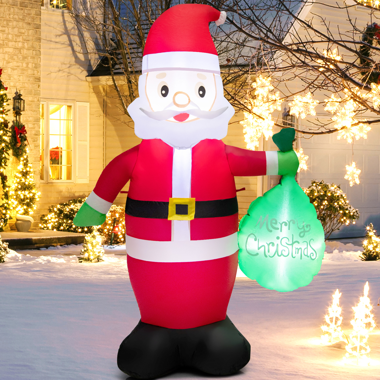 5FT Christmas Self Inflatable Santa Holding Gift Bag Decoration W/ LED Lights & Sandbags