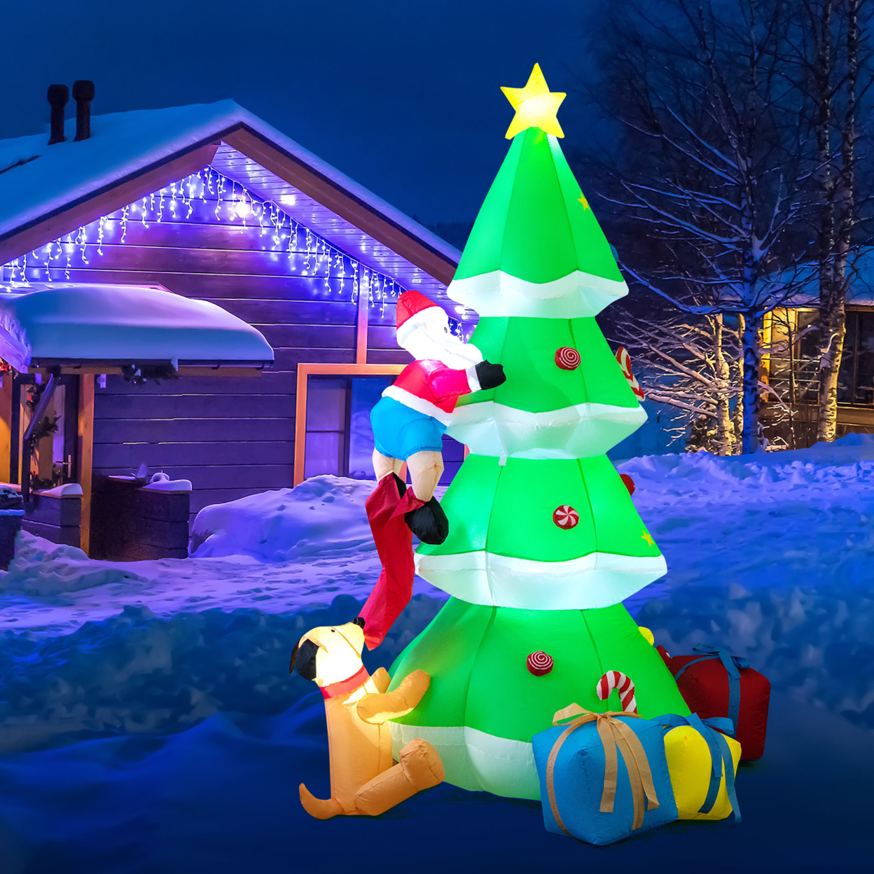 7FT Self Inflatable Santa Claus Climbing Tree Christmas Decoration W/ LED Lights