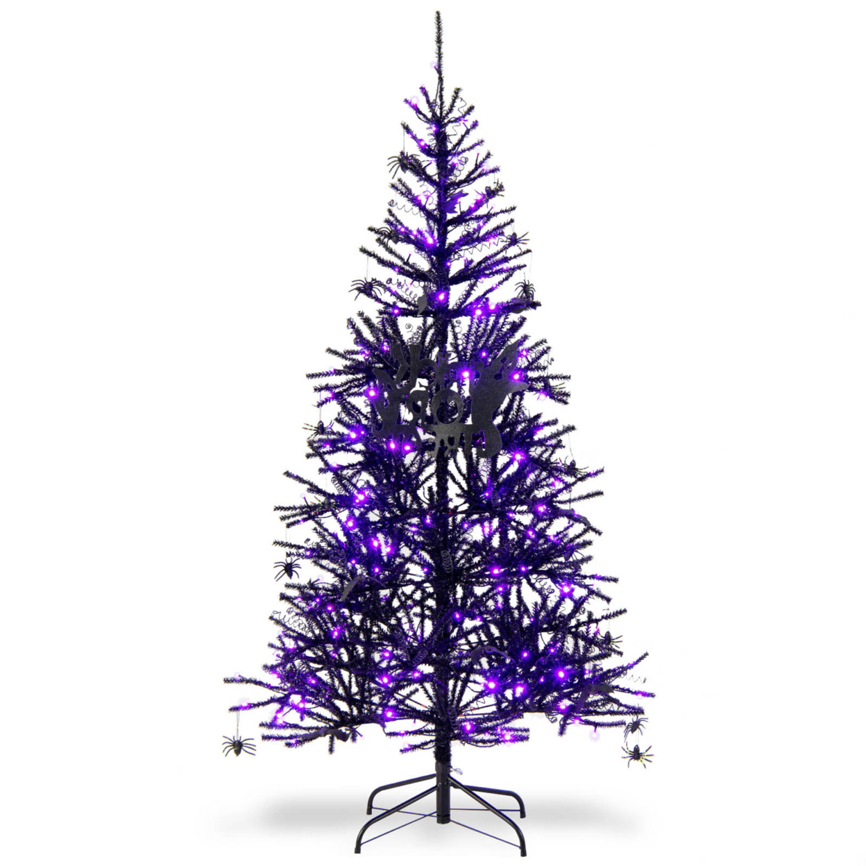 6 Ft Pre-lit Black Halloween Tree Hinged Christmas Tree W/ Purple LED Lights
