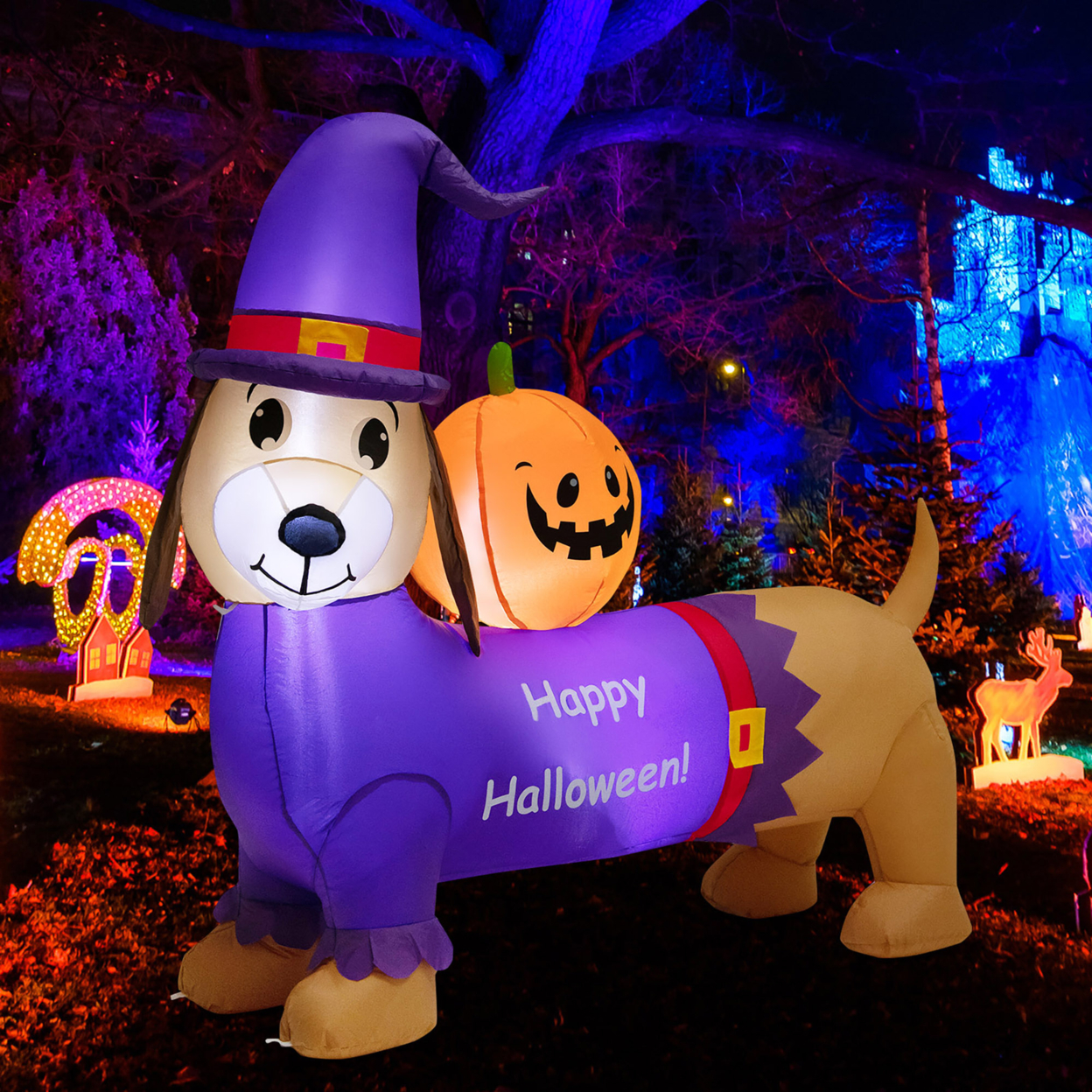 5FT Inflatable Halloween Dachshund Dog & Ghost Pumpkin Holiday Decor W/ LED Lights