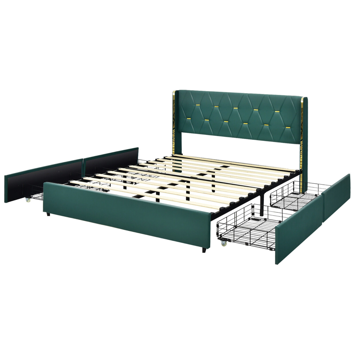 Gymax Queen Upholstered Bed Frame With 4 Storage Drawers PU Leather Headboard Green