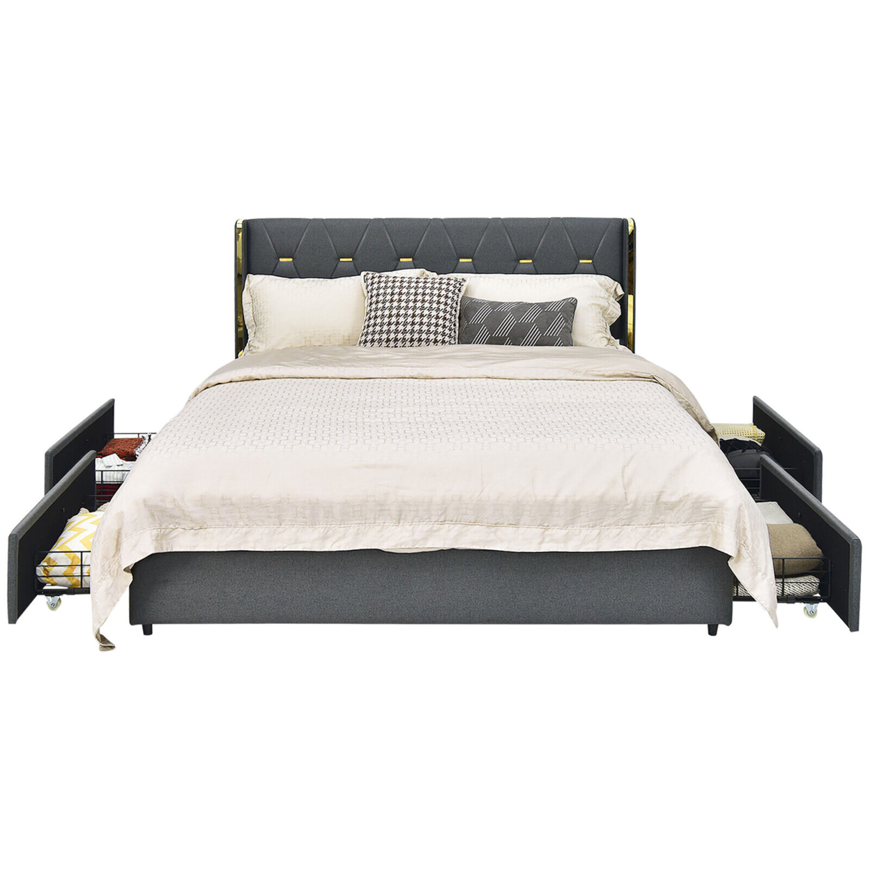 Gymax Queen Upholstered Bed Frame W/ 4 Rolling Drawers & High Headboard & Legs Dark