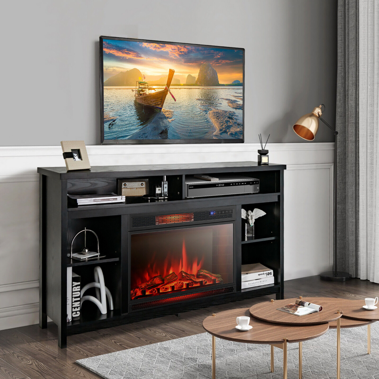 58'' Fireplace TV Stand Entertainment Console W/ Spacious Tabletop & Shelves