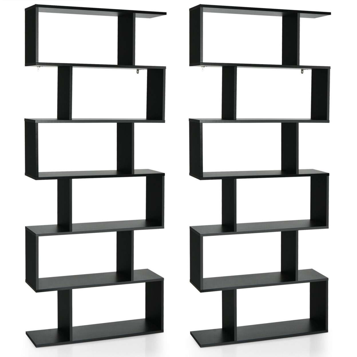 2 PCS 6 Tier S-Shaped Bookshelf Storage Display Bookcase Z-Shelf - Black
