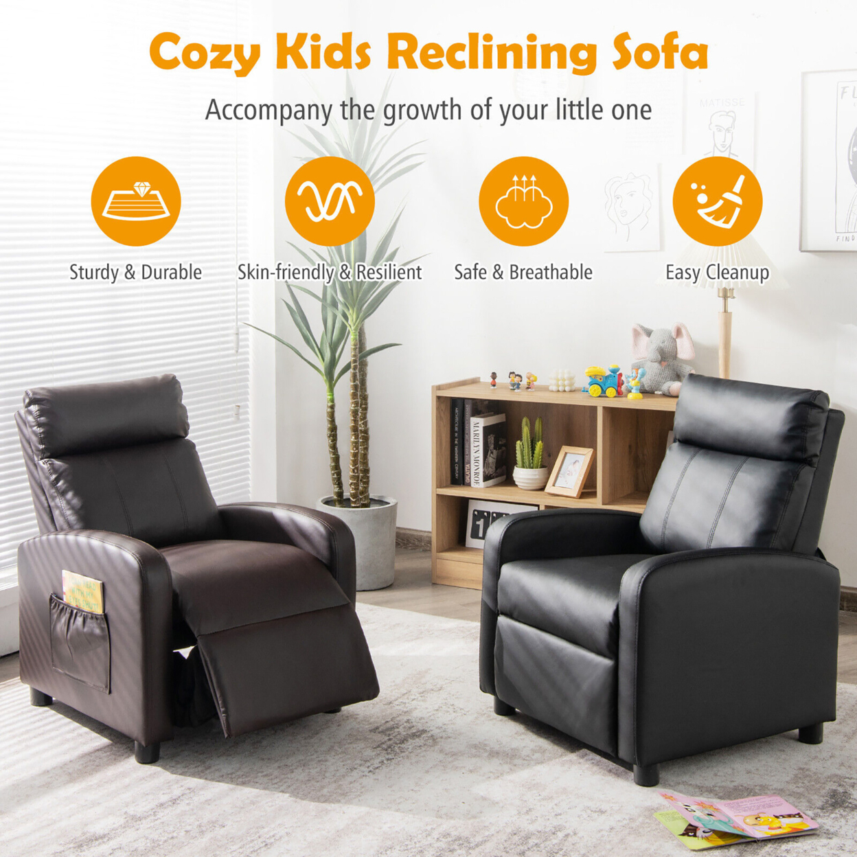 Kids Recliner Chair Adjustable Leather Sofa Armchair W/ Footrest Side Pocket - Brown