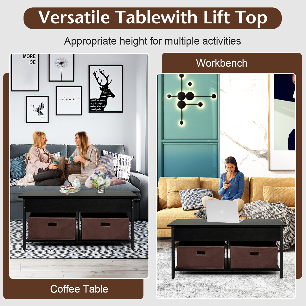 Lift Top Coffee Table Multifunctional Pop-up Central Table With Lifting Tabletop - Rustic Brown
