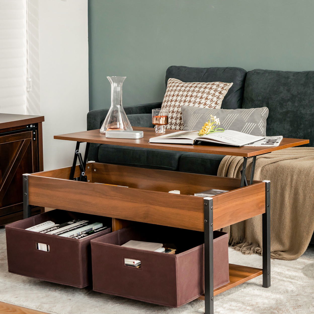 Lift Top Coffee Table Multifunctional Pop-up Central Table With Lifting Tabletop - Brown