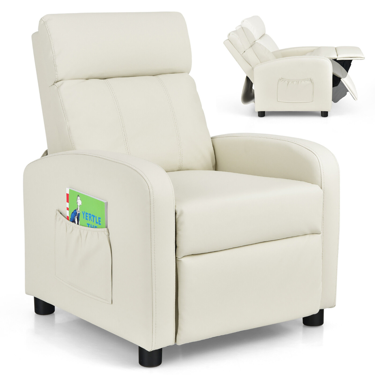 Kids Recliner Chair Adjustable Leather Sofa Armchair W/ Footrest Side Pocket - Beige