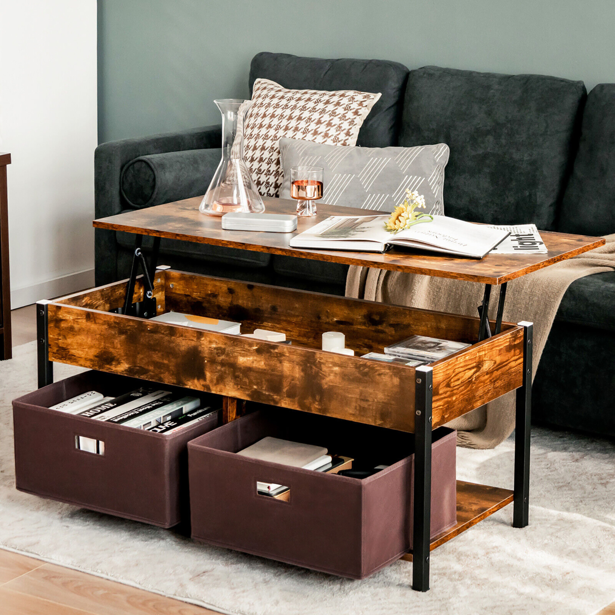 Lift Top Coffee Table Multifunctional Pop-up Central Table With Lifting Tabletop - Rustic Brown