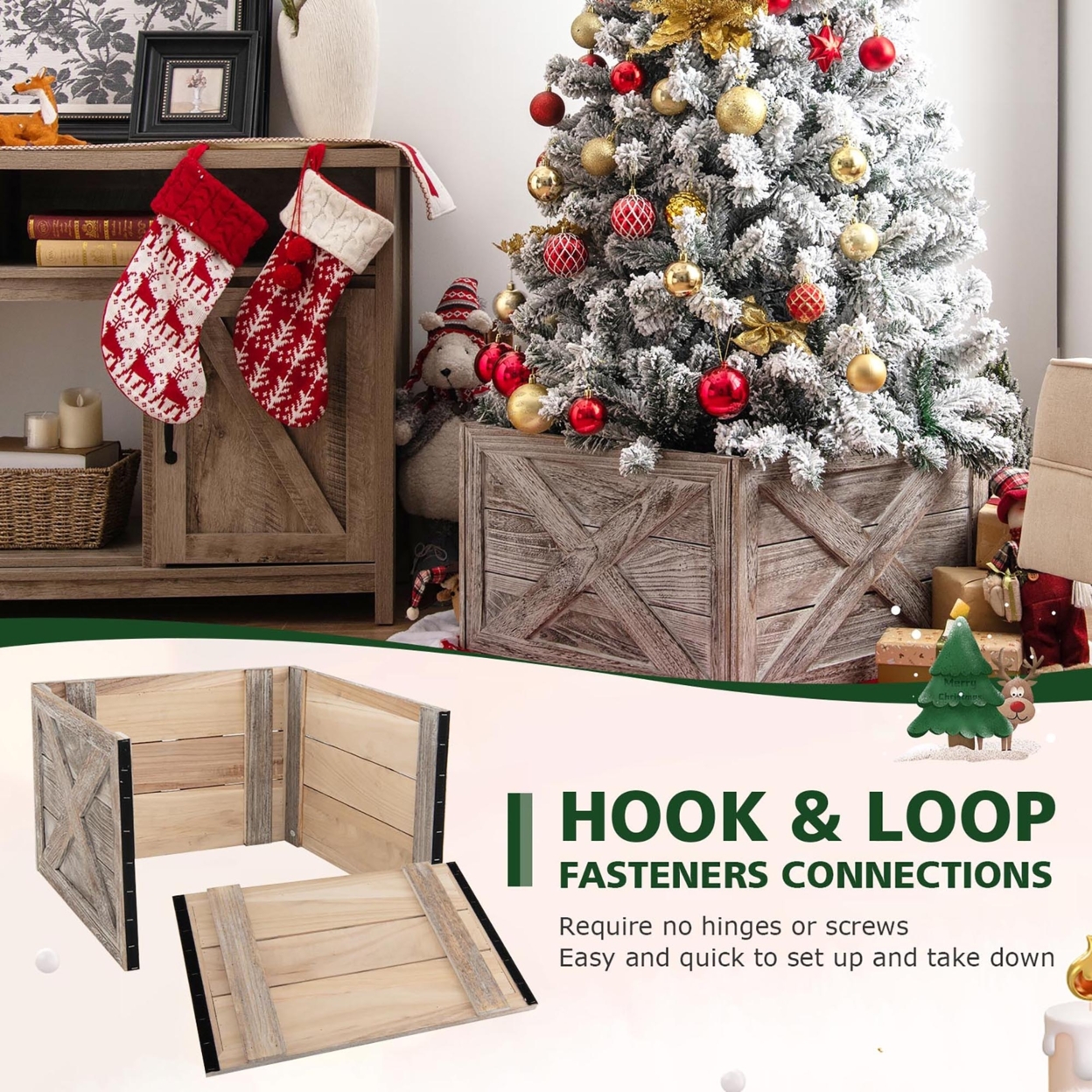 30.5 X 22.5 Inches Solid Wooden Christmas Tree Box W/ Hook & Loop Fasteners - Brown