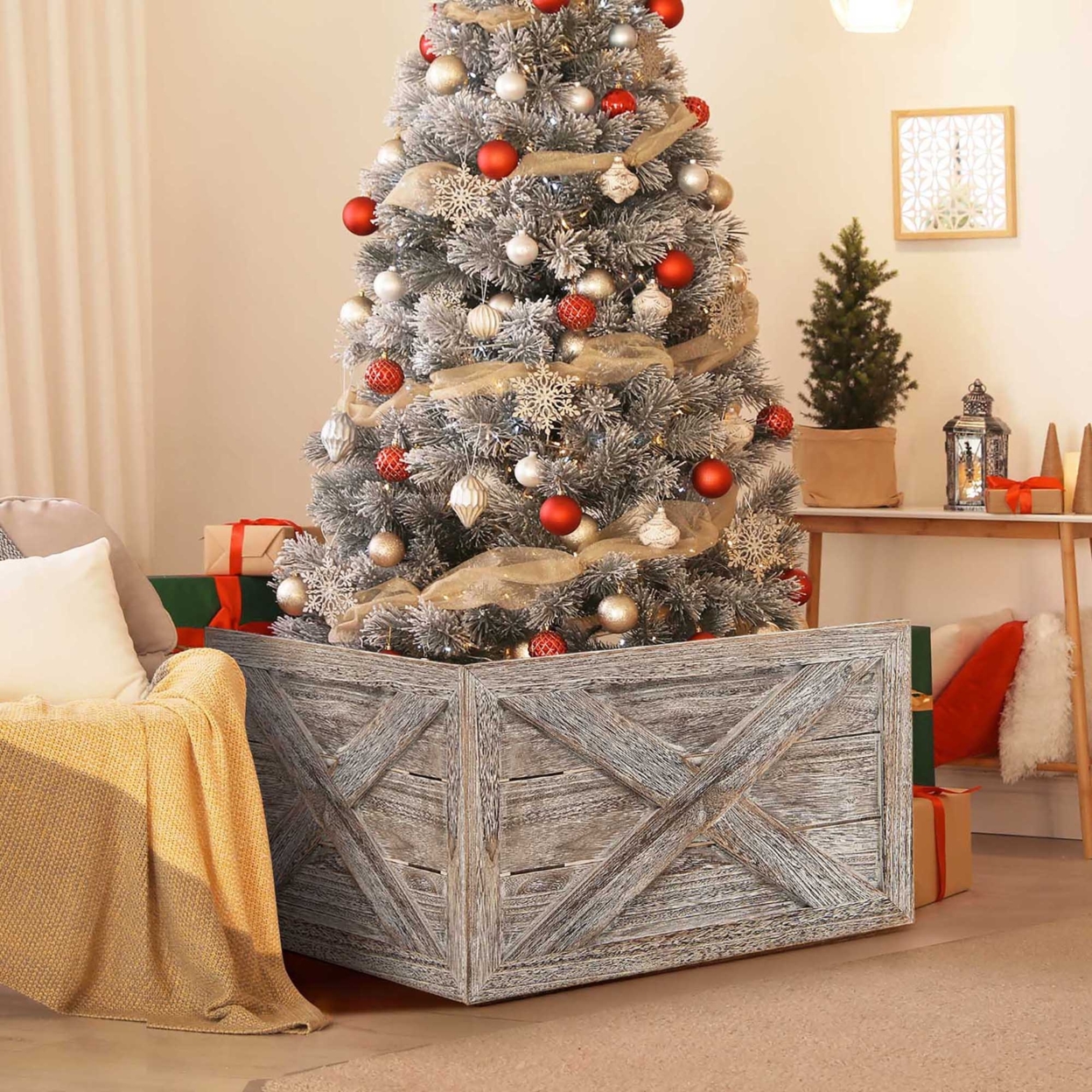 37 X 27 Inches Solid Wooden Christmas Tree Box W/ Hook & Loop Fasteners - Grey