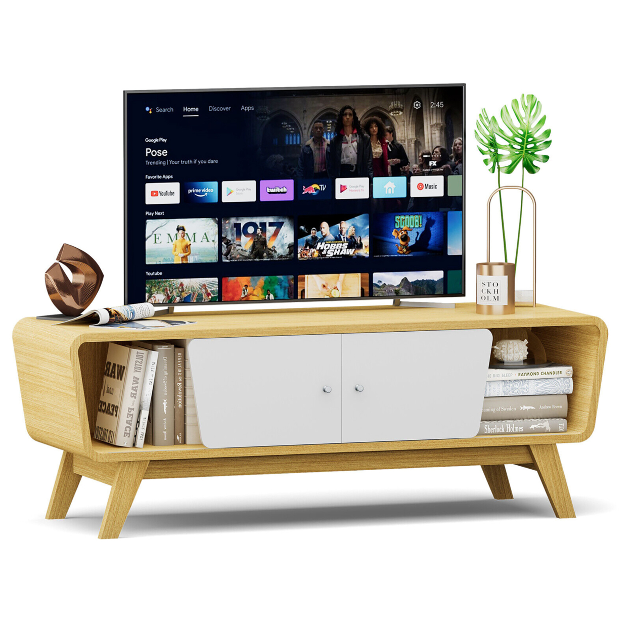 Gymax Mid Century TV Stand For TVs Up To 55'' Media Console Table Sliding Door - Natural