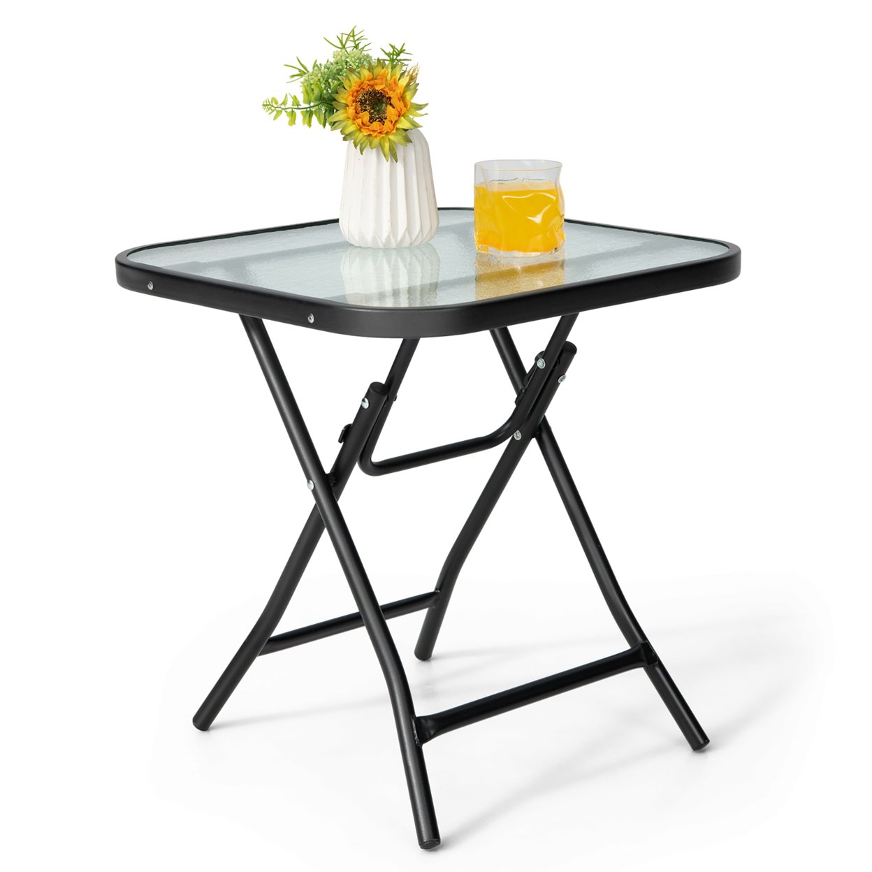 18'' Foldable Patio Side Table Square Coffee Bistro Table W/ Tempered Glass Table Top