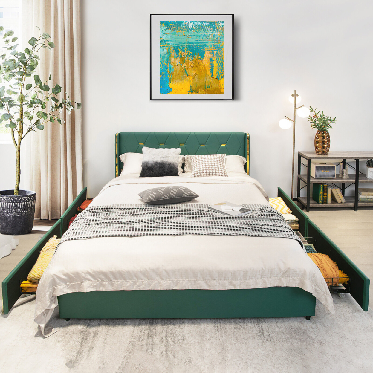 Gymax Queen Upholstered Bed Frame With 4 Storage Drawers PU Leather Headboard Green