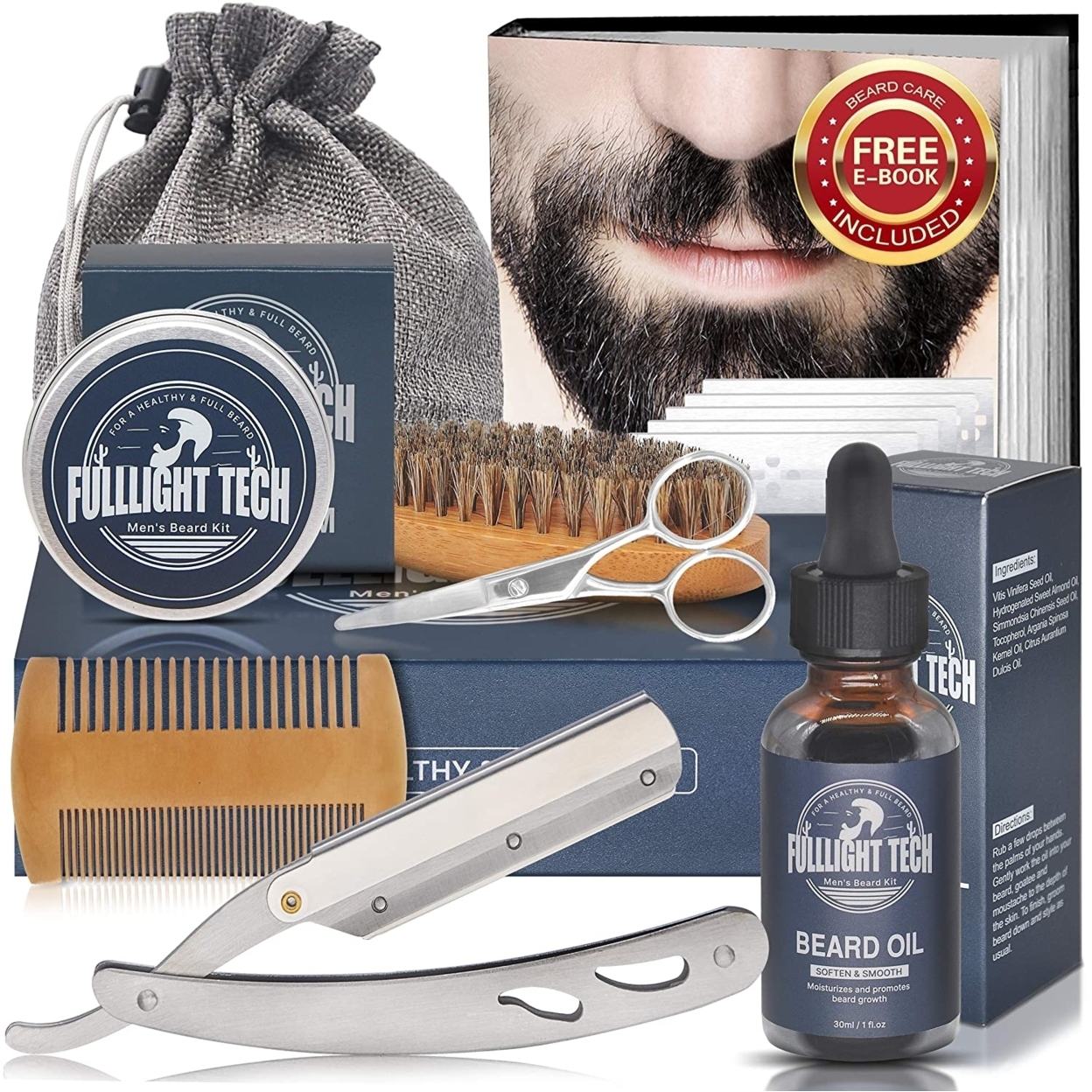 Beard Growth Kit,Beard Grooming Kit,Beard Kit,w/Straight Razor,Beard Growth Oil,Beard Balm,Beard...