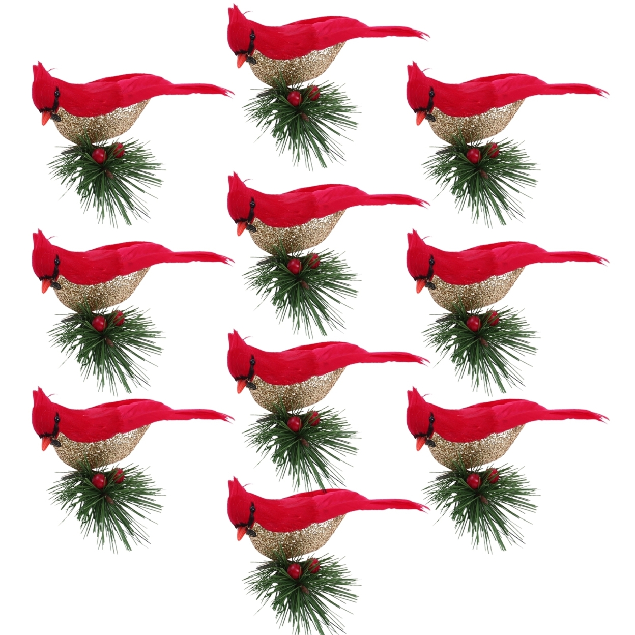 10Pcs/Box Artificial Birds Realistic Red Feather Birds Pine Cones Xmas Tree Decors with Metal Clips DIY Crafts for Garden - golden