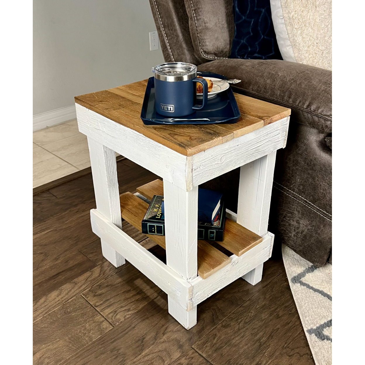 Reclaimed Wood Rustic Bedside or Living Room End Side Table Country Charm Farmhouse Nightstand - Lt Brown/White