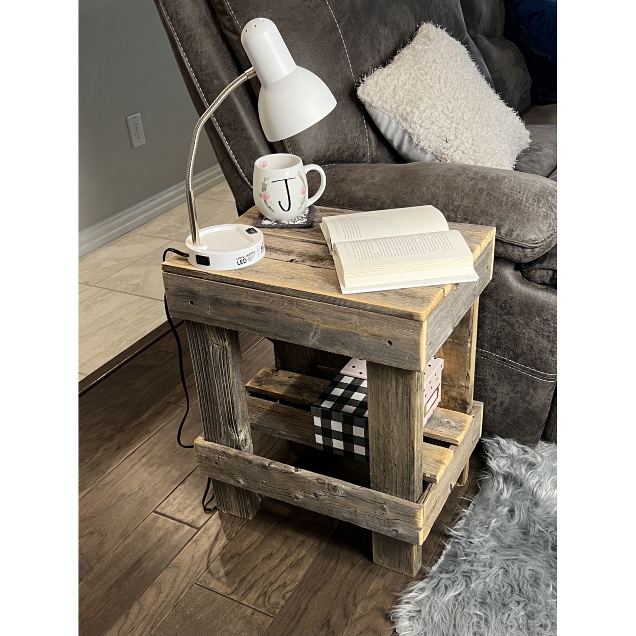 Reclaimed Wood Rustic Bedside or Living Room End Side Table Country Charm Farmhouse Nightstand - Natural