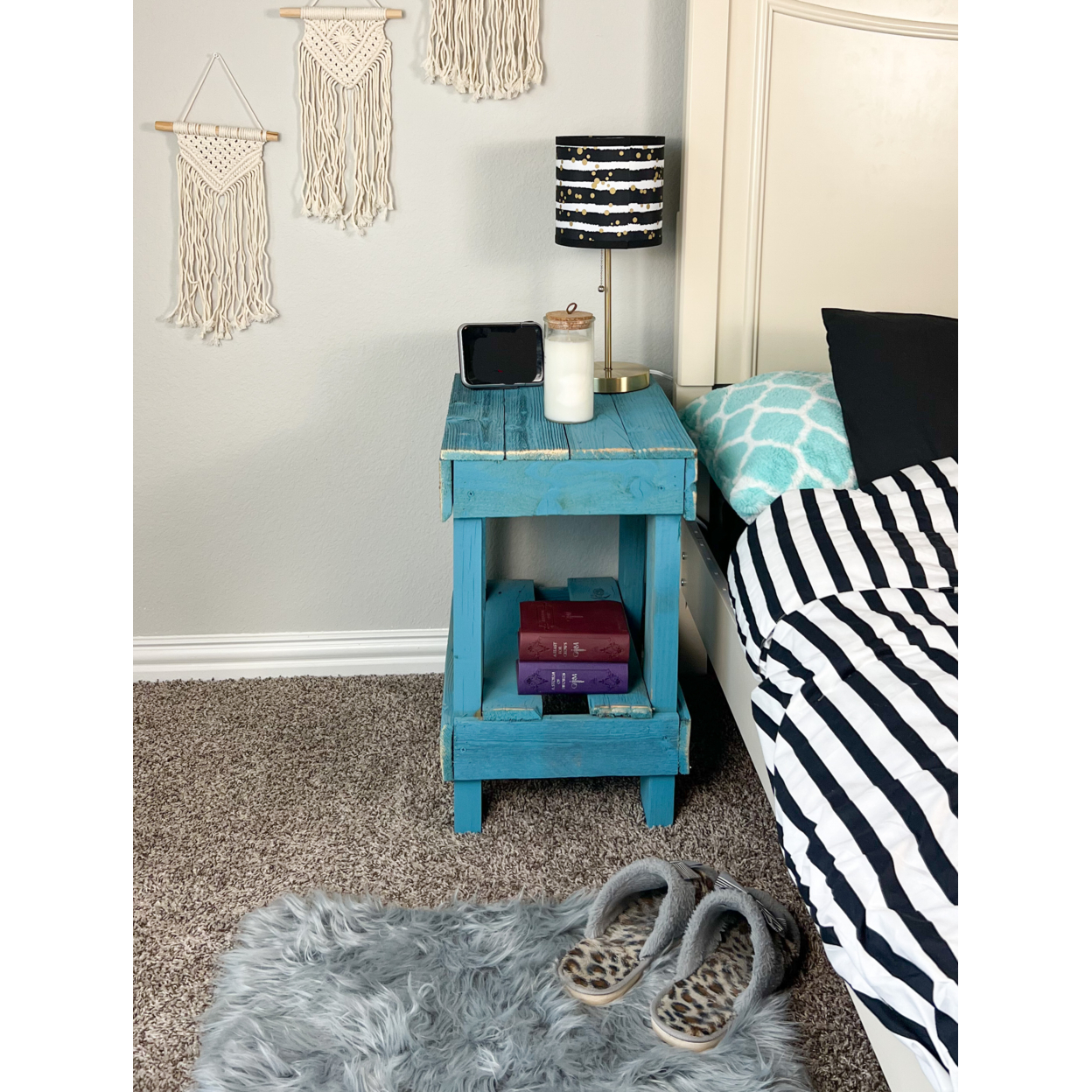 Reclaimed Wood Rustic Bedside or Living Room End Side Table Country Charm Farmhouse Nightstand - Turquoise