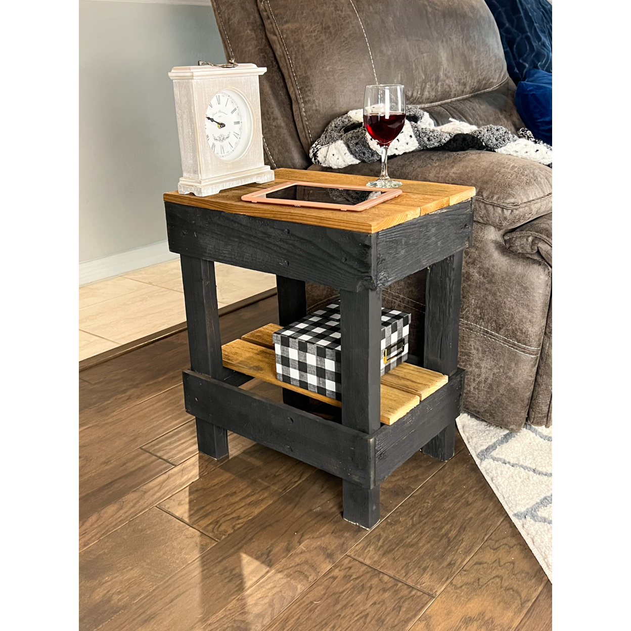 Reclaimed Wood Rustic Bedside or Living Room End Side Table Country Charm Farmhouse Nightstand - Lt Brown/Black