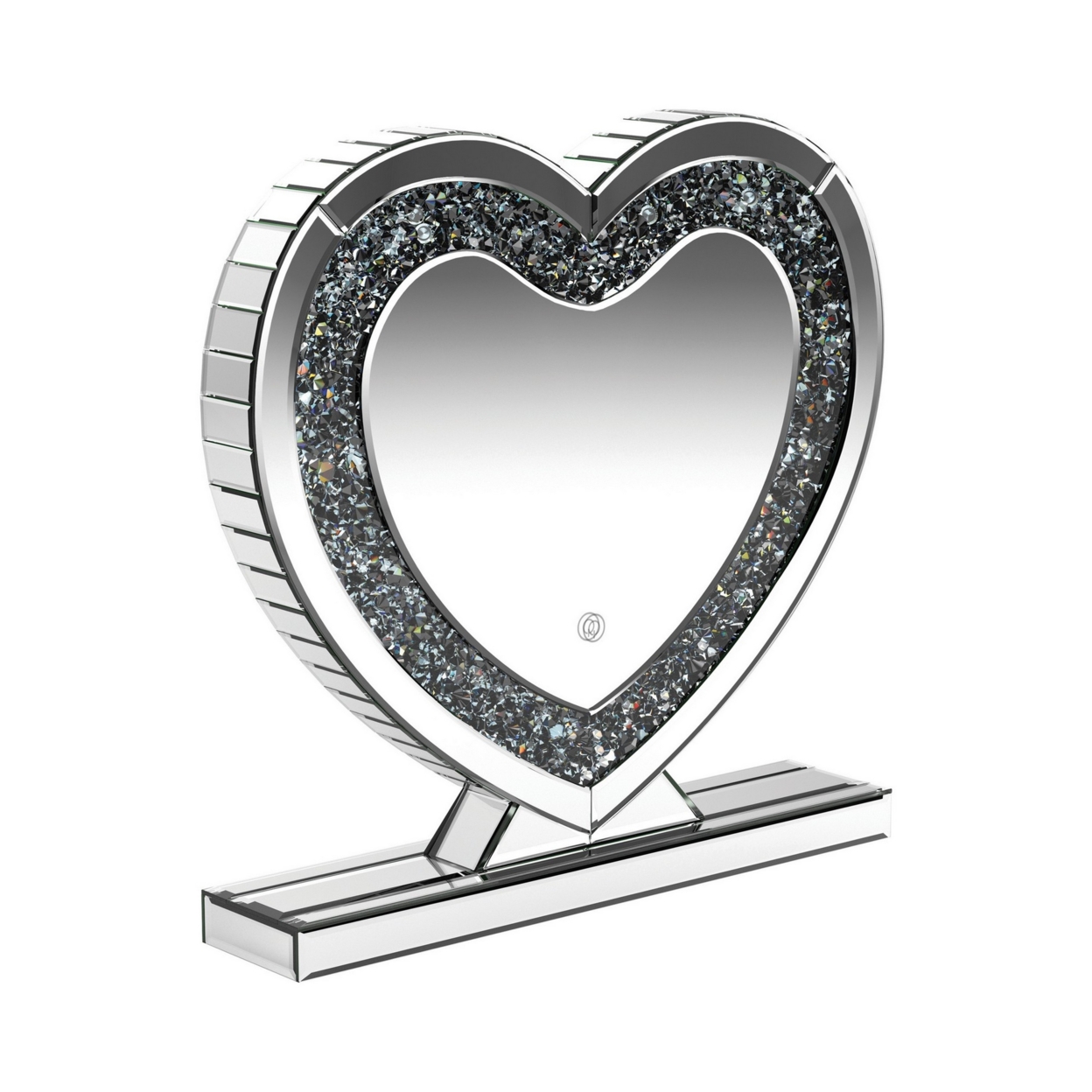 Theo 20 Inch Modern Vanity Table Mirror, Heart, Crystal Trim, Glass, Silver