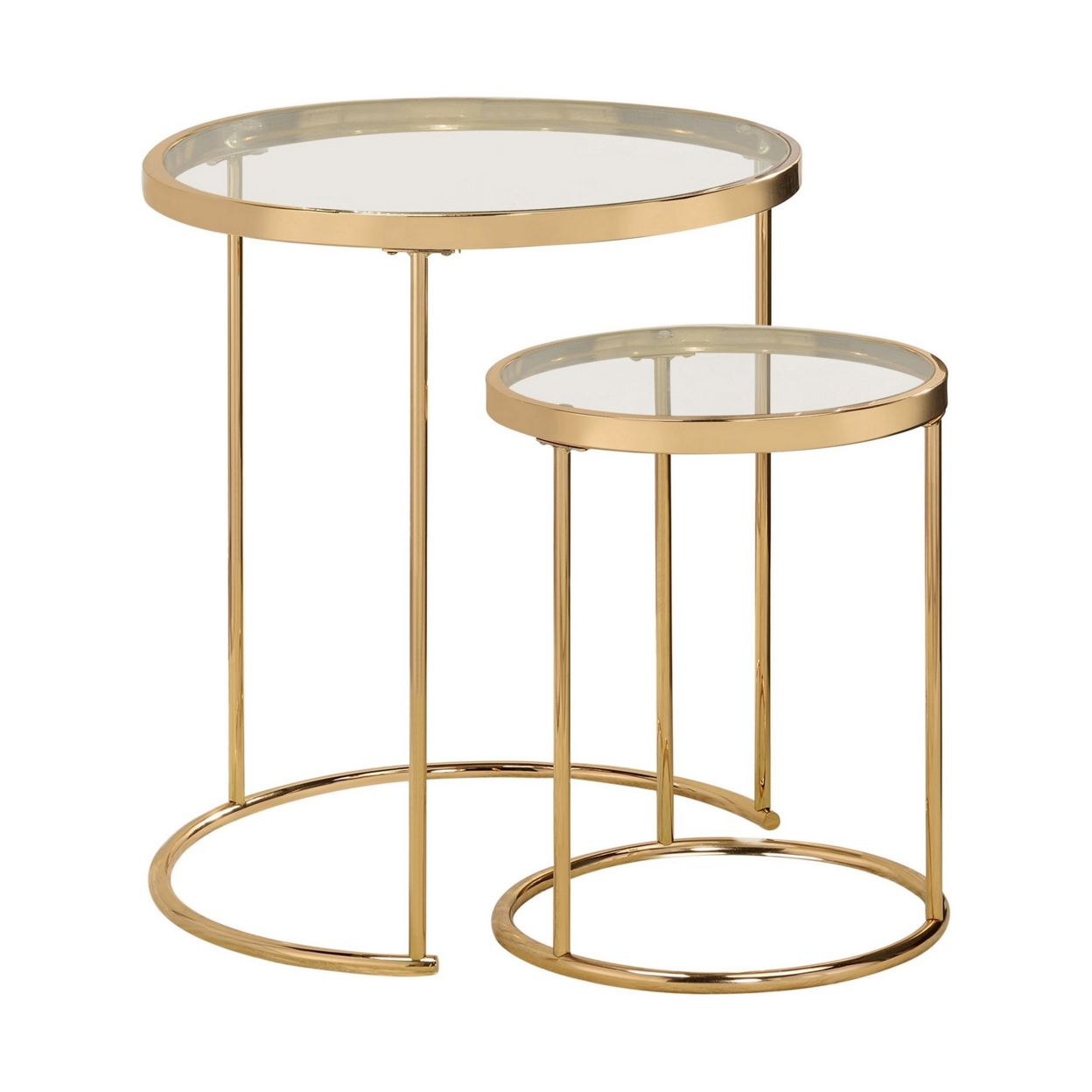 23 Inch Round Nesting Tables, Glass, Metal Base, Set Of 2, Gold, Clear