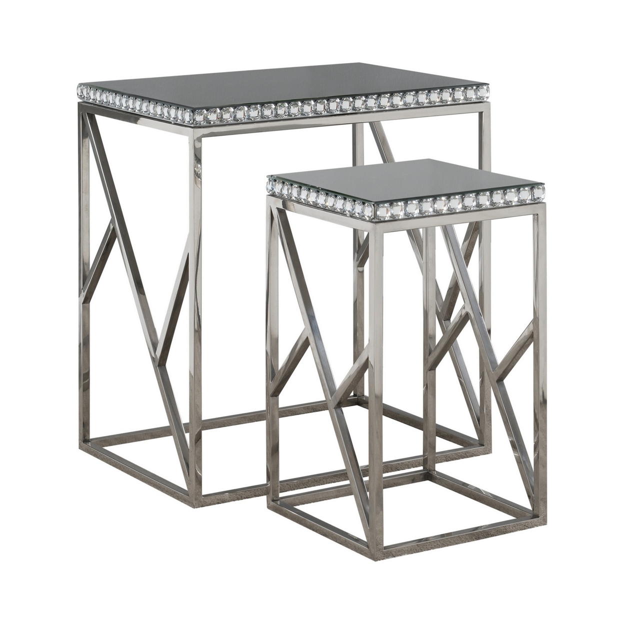 25 Inch Modern Nesting Side Tables, Glass, Gemstones, Metal, Set Of 2, Gray