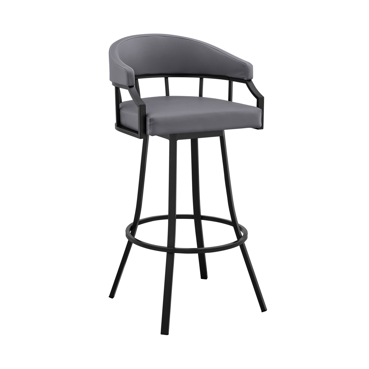 Cade 30 Inch Bar Stool, Swivel Chair, Faux Leather Cushion, Gray, Black- Saltoro Sherpi