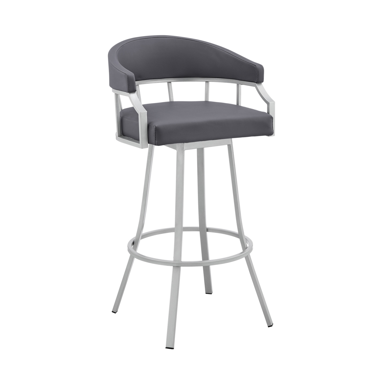 Cade 30 Inch Bar Stool, Cushioned Swivel Chair, Faux Leather, Gray, Chrome- Saltoro Sherpi