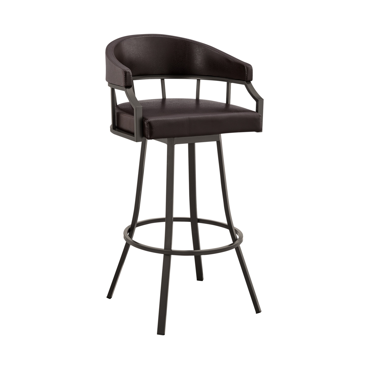 Cade 30 Inch Bar Stool, Cushioned Seat, Swivel Chair, Faux Leather, Brown- Saltoro Sherpi