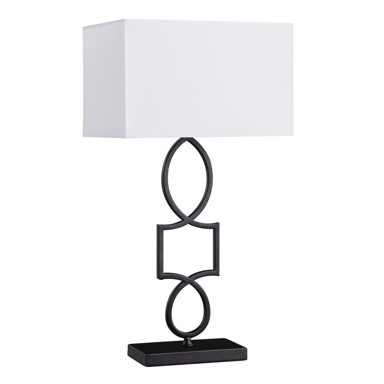 29 Inch Modern Table Lamp, Box Shade, Ornate Metal Base, White, Black
