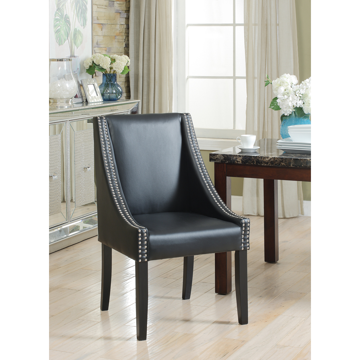 Jefferson Dining Side Accent Chair Pebble Grain PU Leather Espresso Wood Frame, Set Of 2 - Black