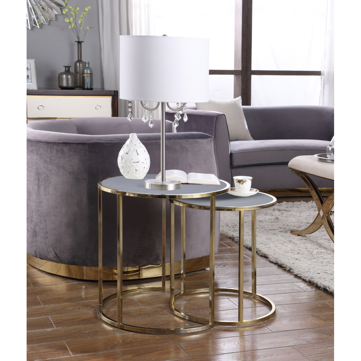 Blayne Nightstand Side Table 2 Piece Set Gold Finished Gibbous Moon Frame PU Leather Top - Brown