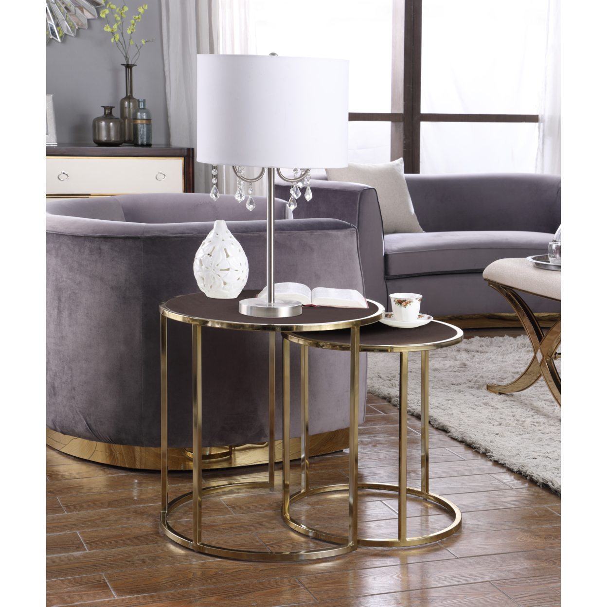 Blayne Nightstand Side Table 2 Piece Set Gold Finished Gibbous Moon Frame PU Leather Top - Brown