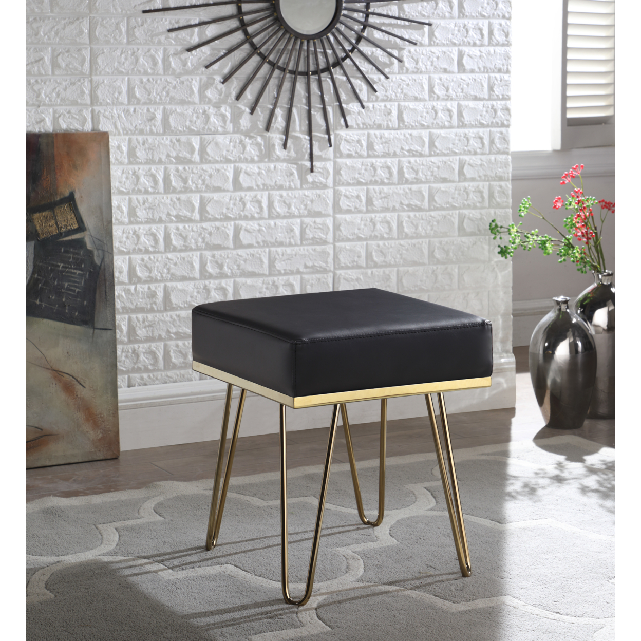 Catharin Square Ottoman PU Leather Upholstered Brass Finished Frame Hairpin Legs - Black