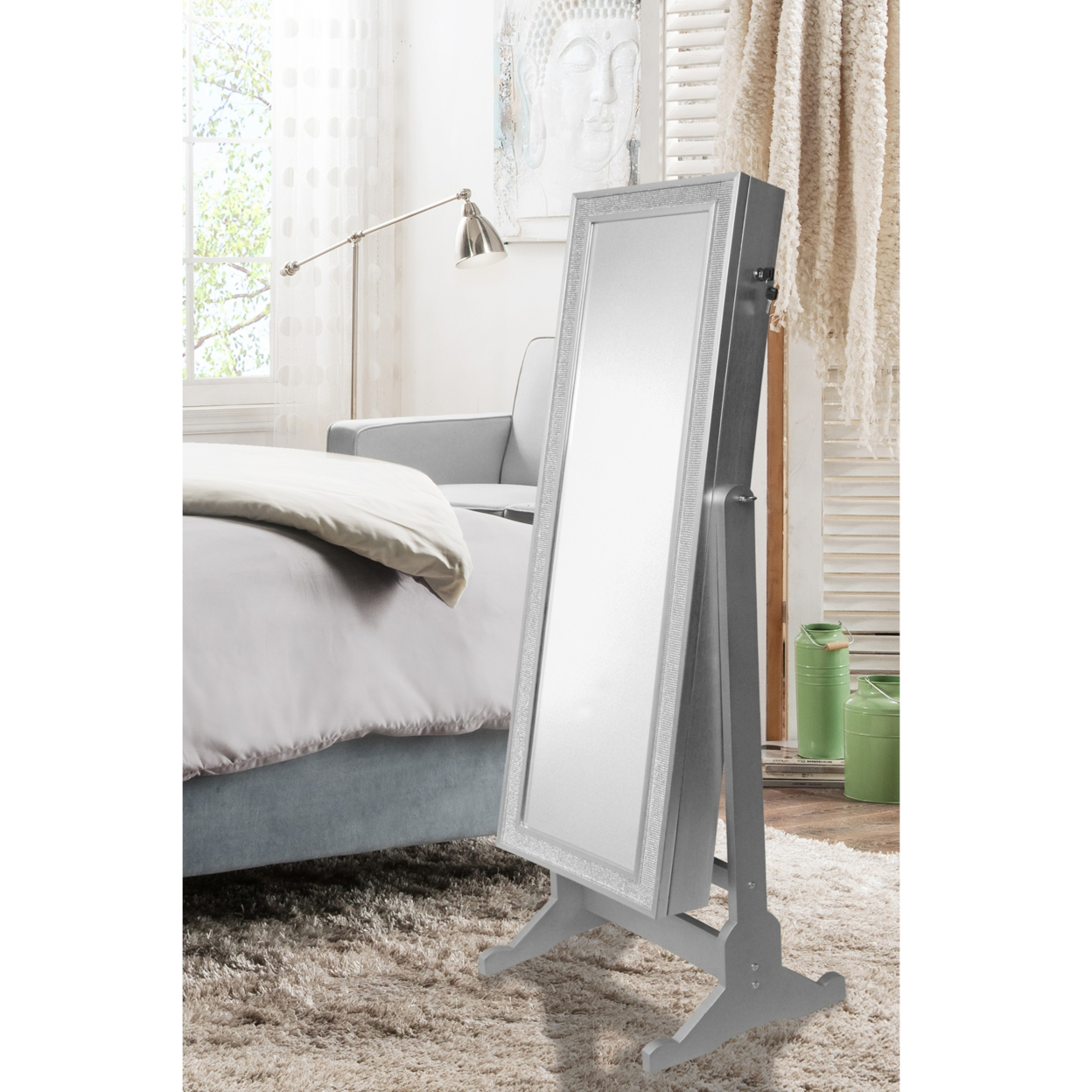 Jazzy Crystal-Bordered Rectangular Jewelry Storage Armoire Cheval Mirror Full-length - Classic Silver