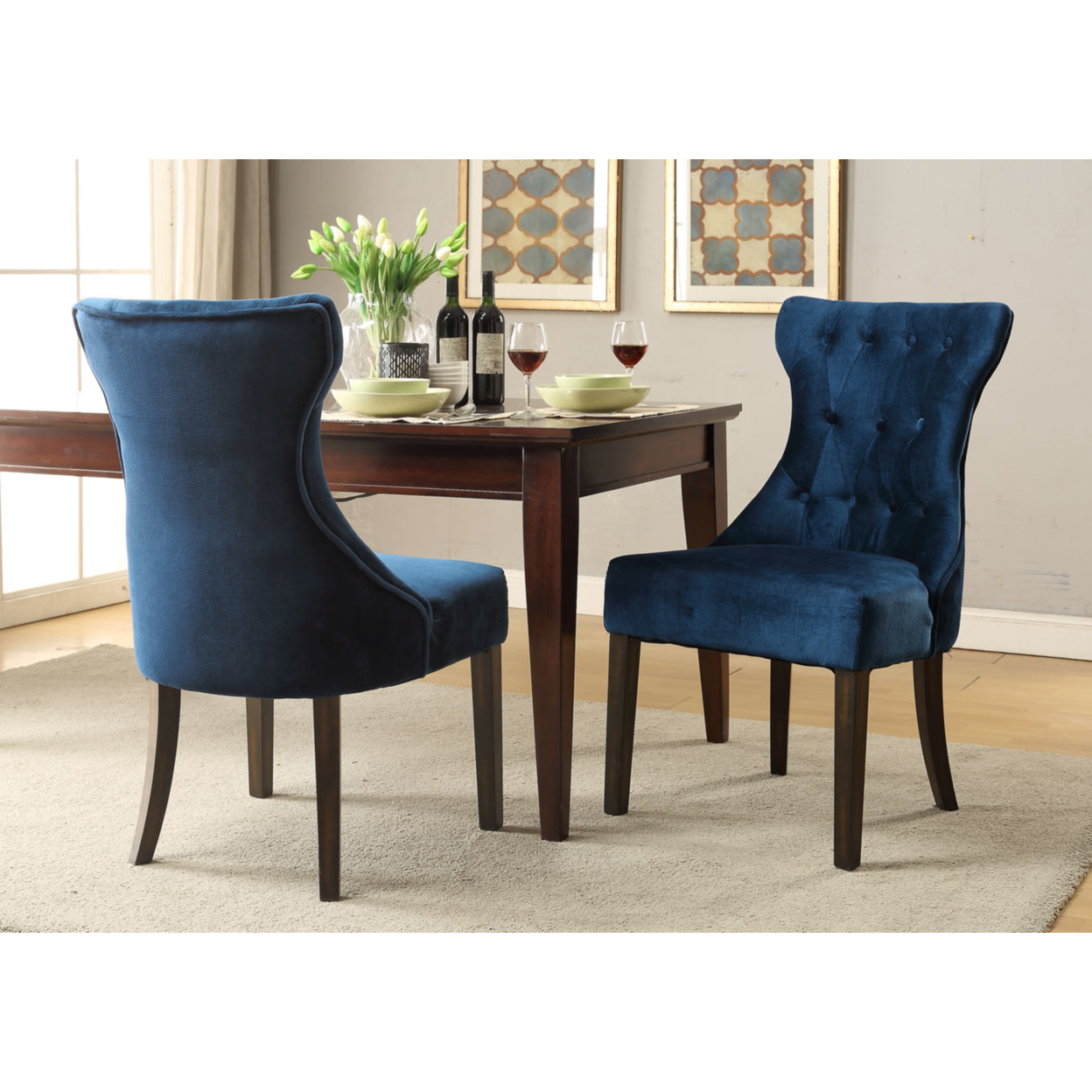 Doyle Velvet Button Tufted Tapered Rubberwood Legs Dining Chair, Set Of 2 - Navy