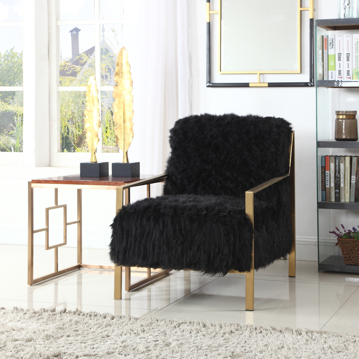 Masha Accent Side Chair Sleek Stylish Faux Fur Brushed Brass Finished Stainless Steel Frame - Black