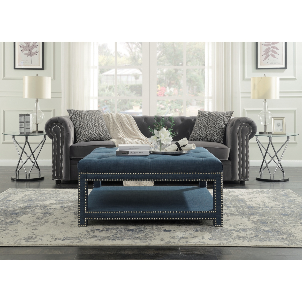 Quinn Coffee Table Ottoman 2-Layer Polished Nailhead Tufted Linen Bench - Blue