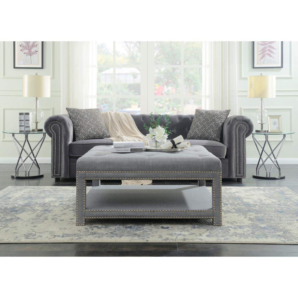 Quinn Coffee Table Ottoman 2-Layer Polished Nailhead Tufted Linen Bench - Gray