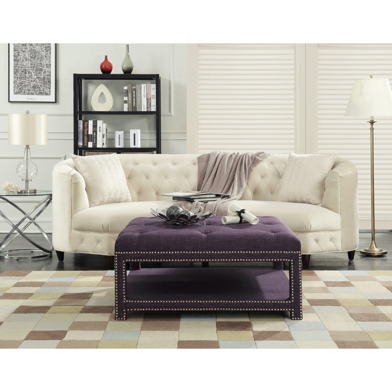 Quinn Coffee Table Ottoman 2-Layer Polished Nailhead Tufted Linen Bench - Purple